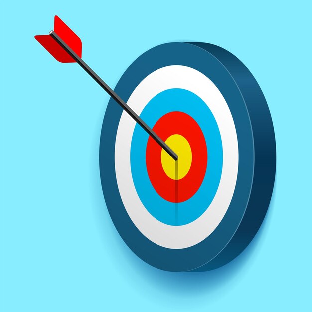 Target icon in 3d flat style on blue background. Arrow in the center aim