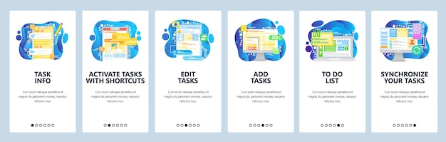 Task management app To do list business productive manager Mobile app onboarding screens Menu vector banner template for website and mobile development Web site design illustration