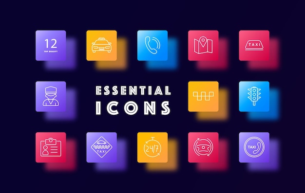 Taxi icon set ID card passport data phone call silhouette driver uniform 24 hour work steering wheel sign traffic light car Transportation service concept Glassmorphism style