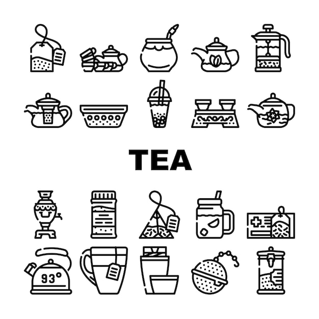 Tea Healthy Drink Collection Icons Set Vector Ceremony Table And Dish For Drinking Healthcare Tea Teapot And Cup Bag And Mesh Of Beverage Black Contour Illustrations