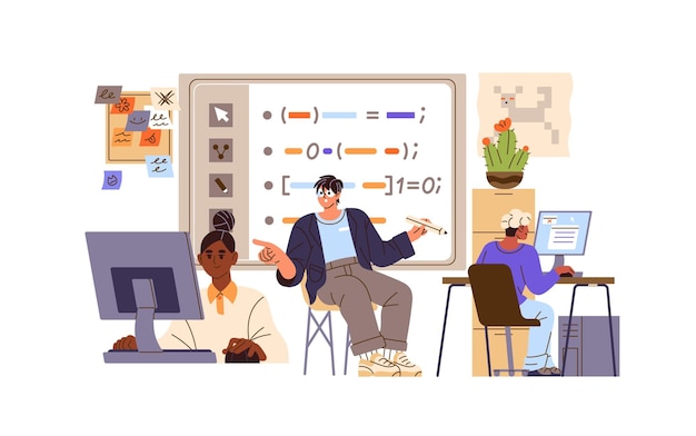 Teacher explains programming to pupils in computer science class Programmer teaches kids to write code at school Students learning study in classroom Flat isolated vector illustration on white