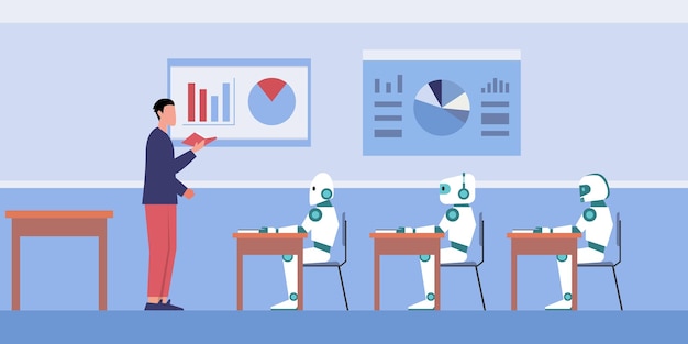 teacher giving lecture to robots