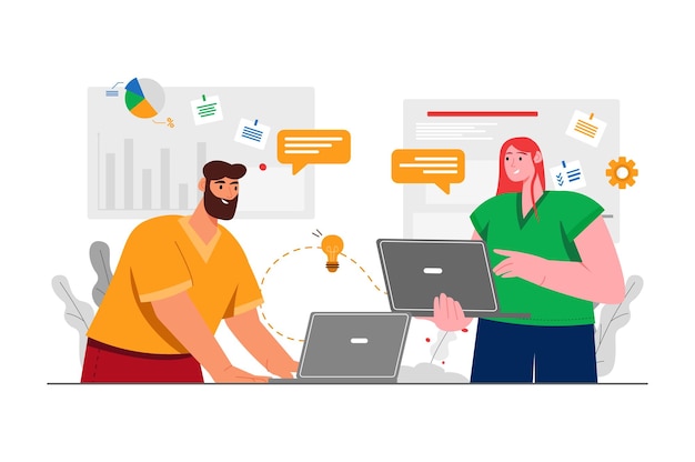 Teamwork gray concept with people scene in the flat cartoon style Two workers work in a team