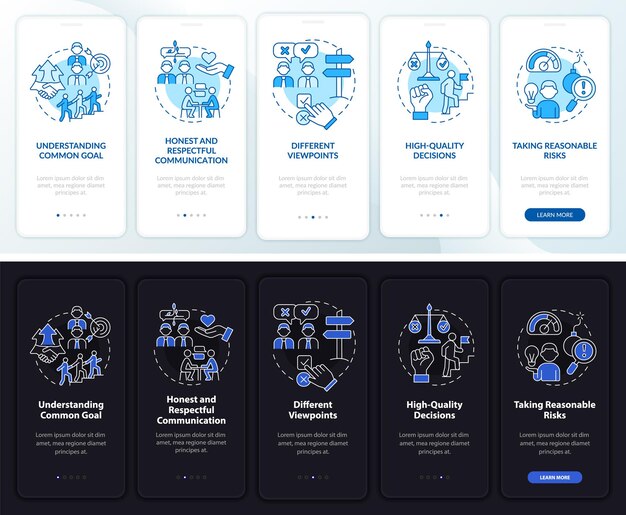 Teamwork tips night and day mode onboarding mobile app screen