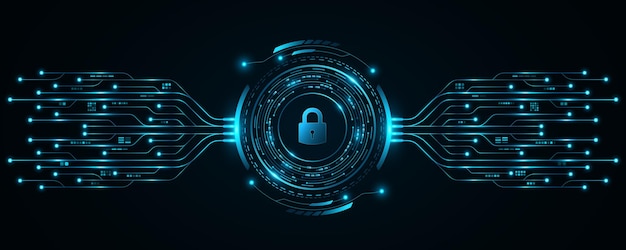 Tech background for unlocking UI system Lock scan with digital HUD circle and AI circuit board Touch screen button for user interface Vector illustration