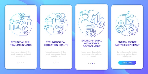 Tech training federal grants blue gradient onboarding mobile app screen Walkthrough 4 steps graphic instructions pages with linear concepts UI UX GUI template Myriad ProBold Regular fonts used