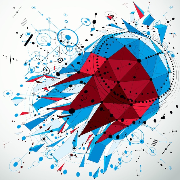 Technical blueprint abstraction. Perspective technological backdrop created with wireframe object. Colorful vector digital background made with geometric low poly design elements and circles.
