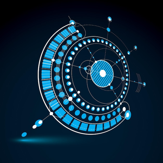 technical blueprint, blue vector digital background with geometric design elements, circles. 3d illustration of engineering system, perspective abstract technological backdrop.