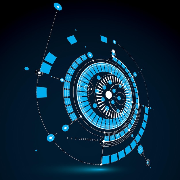 technical blueprint, blue vector digital background with geometric design elements, circles. 3d illustration of engineering system, perspective abstract technological backdrop.
