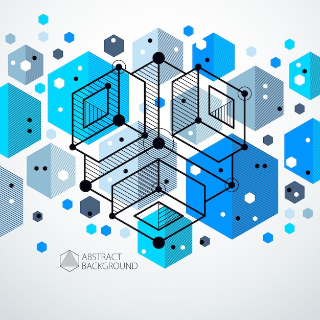 Technical blueprint, vector blue digital background with geometric design elements, cubes. Engineering technological wallpaper made with honeycombs.