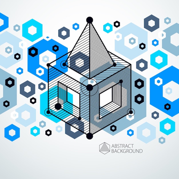 Technical blueprint, vector blue digital background with geometric design elements, cubes. Engineering technological wallpaper made with honeycombs.