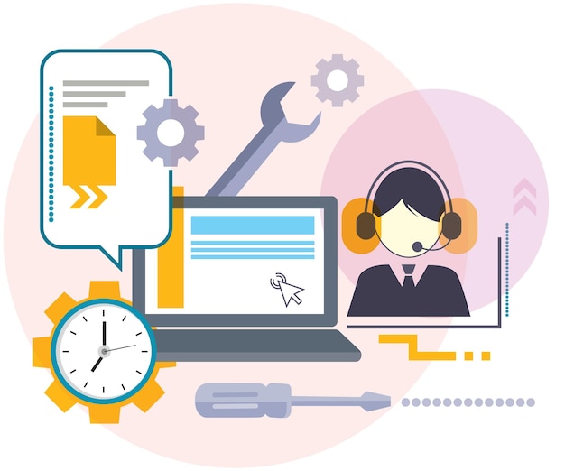 Technical online global tech service support, customer care, call center, service sector.