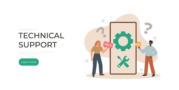 Technical suppert concept Man and woman standing around phone Landing page for web page