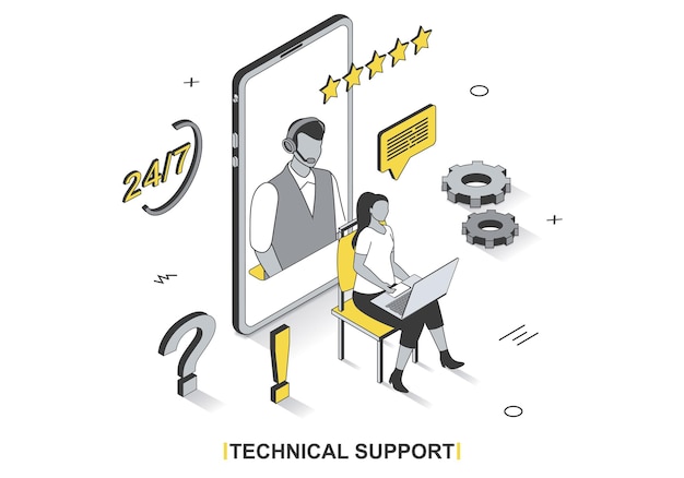 technical support concept in 3d isometric outline design client writes chat to customer service