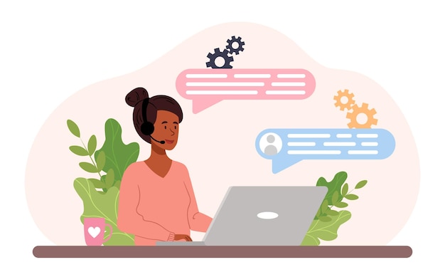 technical support concept the call center operator sits at his workplace with headphones on and