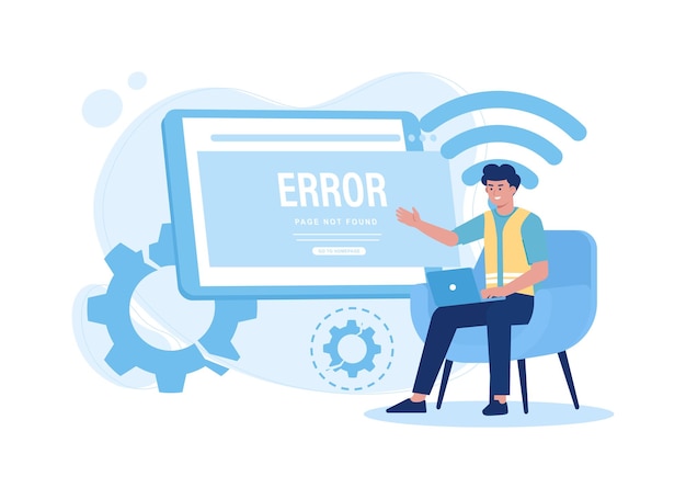Technician fixing error 404 no connection trending flat illustration
