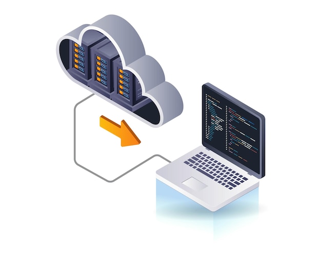 technology cloud server programmer computer isometric flat 3d illustration infographic