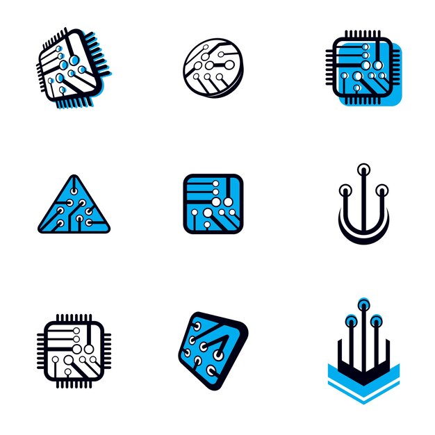 Technology communication cybernetic elements collection. Vector abstract circuit board. Set of electronic microprocessor logos.