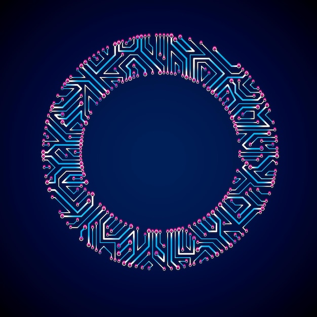 Technology communication luminescent cybernetic element. Vector abstract illustration of neon circuit board in the shape of circle with shine effect.