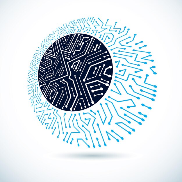 Technology communication round cybernetic element. Vector abstract illustration of circuit board.