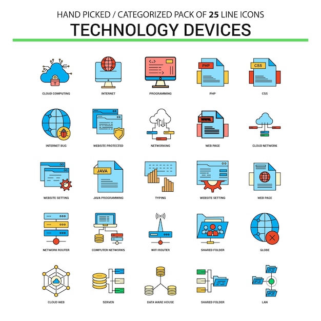 Technology Device Flat Line Icon Set 