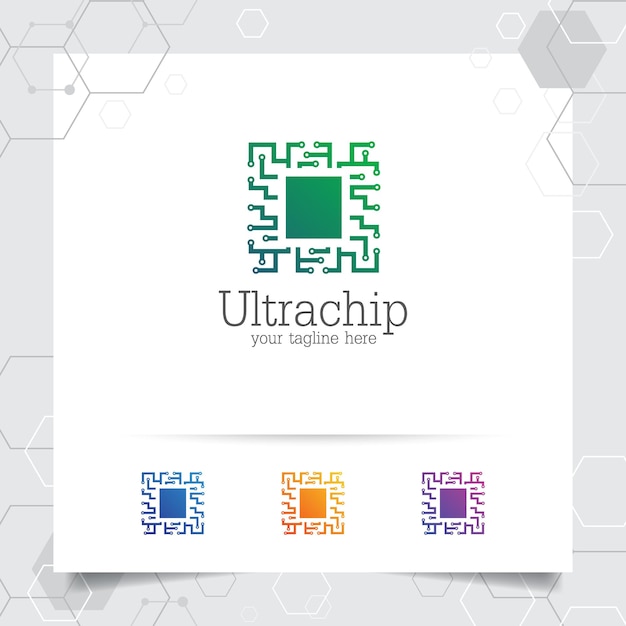 Technology digital logo vector design with concept of microchip icon for programmer technology community application software and engineer