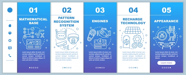 technology in robotics onboarding mobile web pages template. automation. responsive smartphone website interface idea with linear illustrations. webpage walkthrough step screens. color concept