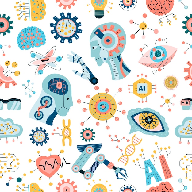 Technology seamless pattern with Hand Drawn Neural Networks robots and artificial intelligence database background information server center global network backup security vector background