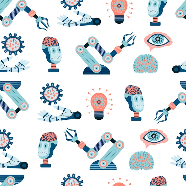 Technology seamless pattern with Hand Drawn Neural Networks robots and artificial intelligence database background information server center global network backup security vector background