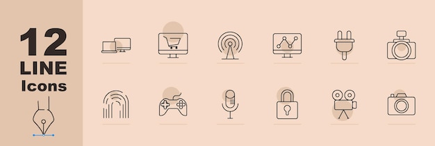 Technology set icon Desktop monitor shopping cart signal tower data analytics power plug fingerprint game controller microphone padlock video camera camera
