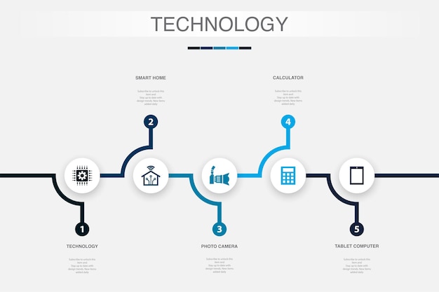 Technology smart home photo camera calculator tablet computer icons Infographic design template Creative concept with 5 steps