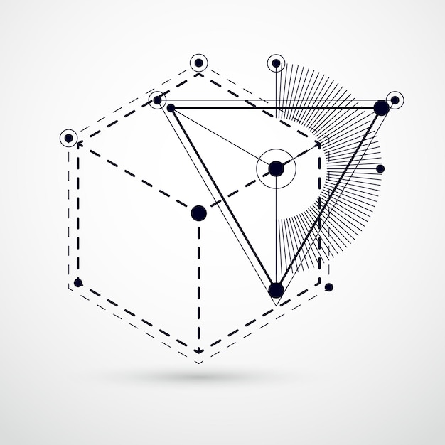 Tekninen piirustus, mustavalkoinen vektori digitaalinen tausta geometrisillä designelementeillä, kuutioilla. Tekninen insinöörityön taustakuva tehty hunajakennoilla.