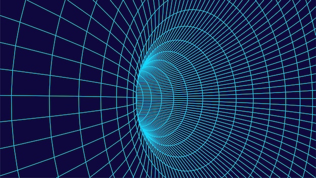 Teknologian wireframe-tunneli sinisellä taustalla Futuristinen 3D-vektoriverkko