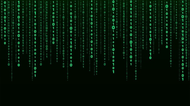 Teknologiavektori, binäärikoodi. Satunnaisesti putoilevia numeroita näytöllä. Hakkeroidun ohjelmiston Matrix-tiedetausta. Big data -analytiikka