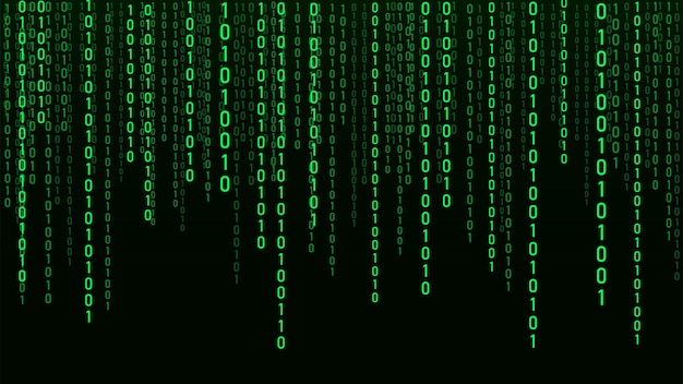 Teknologiavektori, binäärikoodi. Satunnaisesti putoilevia numeroita näytöllä. Hakkeroidun ohjelmiston Matrix-tiedetausta. Big data -analytiikka