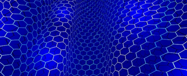 Teknologiavektorin abstrakti tausta, jossa on kuusikulmioverkko, nanoteknologian ja tieteen 3D-abstraktio, elektroniikka ja digitaalinen tyyli, lankaverkon dimensionaalinen perspektiivi.