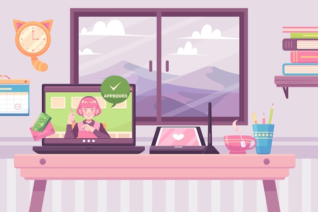 Teleworking illustration background with a woman on a videocall on computer