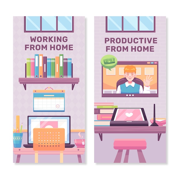 Teleworking illustration vertical banner template set with a workspace at home