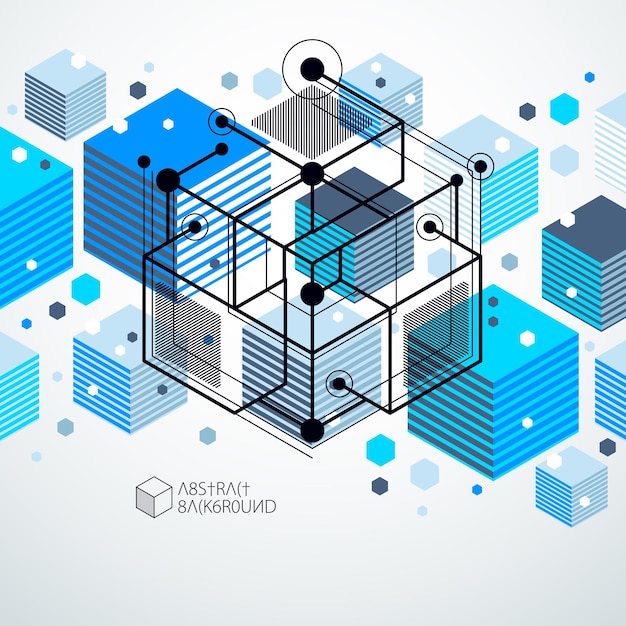 Template 3D blue design layout for brochure , flyer , poster, advertising, cover, vector abstract modern background. Composition of cubes, hexagons, squares, rectangles and different abstract elements
