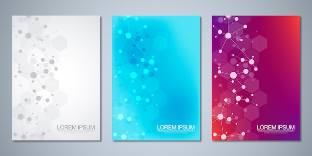  templates for cover or brochure, with molecules background and neural network. Abstract geometric background of connected lines and dots. Science and technology concept.