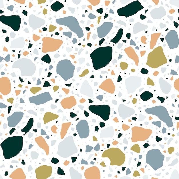 Terrazzo seamless pattern with colorful rock fragments. Elegant backdrop with stone pieces or sprinkles scattered on white background. Modern vector illustration for wrapping paper, fabric print.