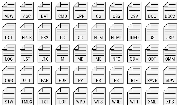 Text file formats icon set Collection of various text file extensions Vector icons on transparent background Icon for apps UI and web design