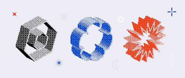 textured bitmap shapes set blue red black dither halftone objects collection 3d star flower he