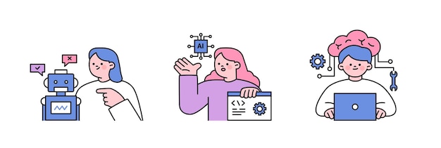 the age of ai intelligence meets technology business concept illustration with people and icons human brain and robot talking