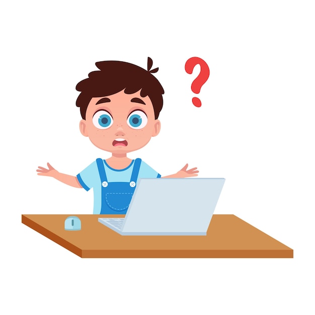 The boy at the computer is looking for an answer Vector illustration