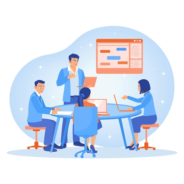 The business team holding a meeting at the conference table Employees communicate with each other and work together Team communication concept Flat vector illustration
