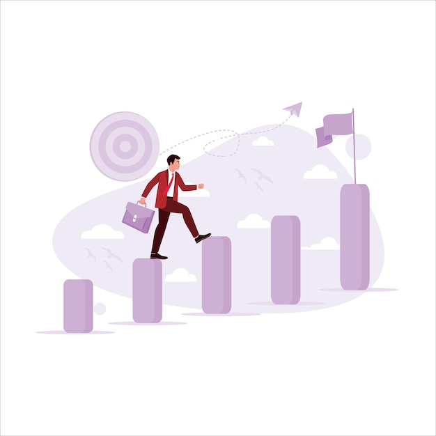 the concept of achievement and career success is depicted with a man climbing a graphic ladder