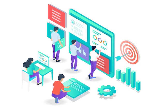 The concept of isometric flat illustration seo optimization and analyst data