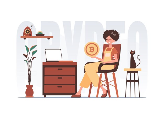 The concept of mining and extraction of bitcoin A woman sits in a chair and holds a bitcoin in her hands Character in trendy style