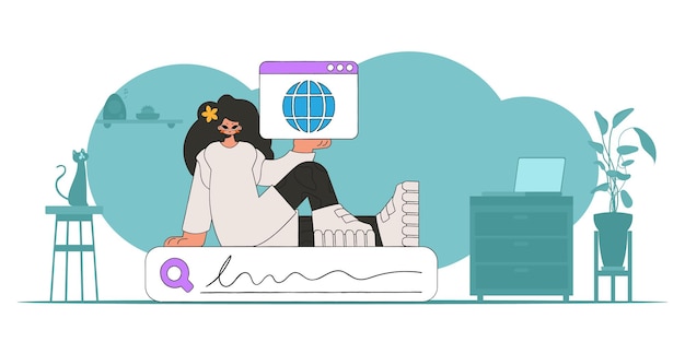 The concept of searching for information A woman sits on the search bar and holds a browser window in her hands Linear retro style character
